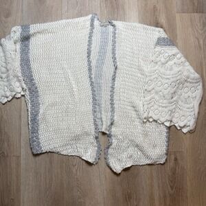 Anthropologie Open Crochet‎ Knit Bell Sleeve Kimono Cardigan One Size Ivory Gray